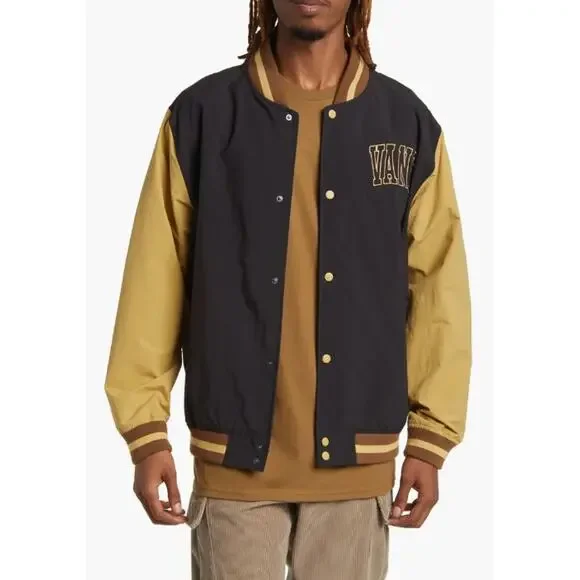 Vans Men’s Nylon Varsity Bomber Jacket – Black & Antelope Tan – Size Large – NWT - Picture 1 of 9